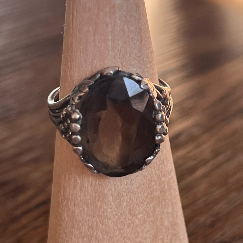 Smoky quartz & silver ring with grapevine detailing